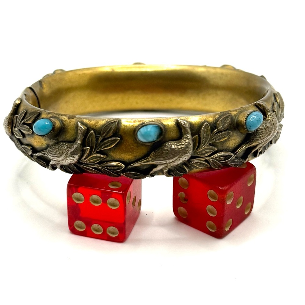 Vintage Signed Sandor Bird & Leaf Cabochon Bangle Bracelet | Blue Glass